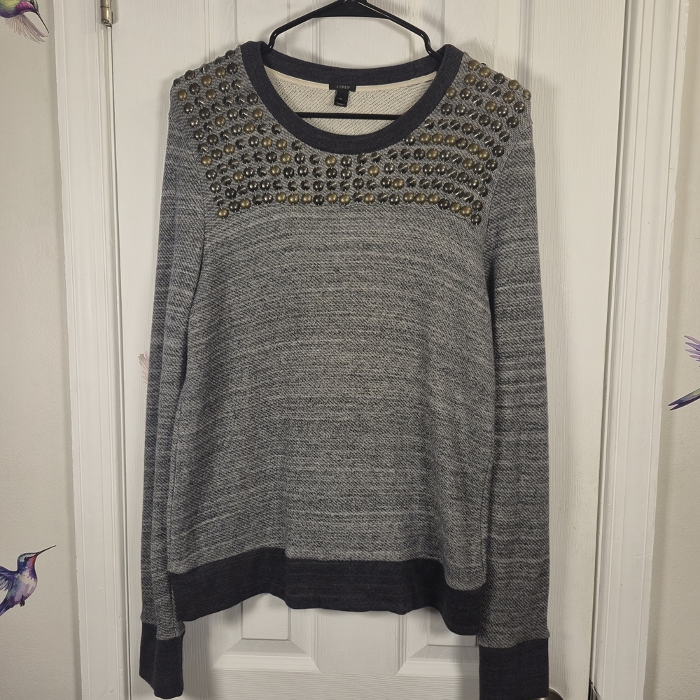 J. Crew Studded Mixed Metal Sweatshirt Grey 100% Cotton Size Medium